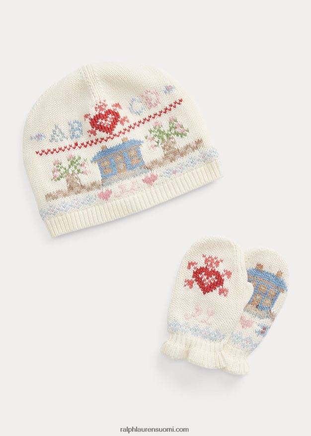 Ralph Lauren lapset fair Isle puuvillahattu & lapasetti 0Z24ZR7463 klubitalo kerma