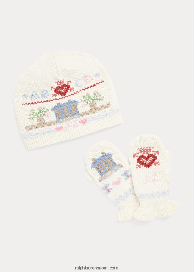 Ralph Lauren lapset fair Isle puuvillahattu & lapasetti 0Z24ZR7630 klubitalo kerma