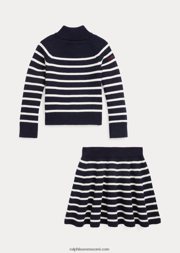 Ralph Lauren lapset raidallinen puuvillapusero & hamesetti 0Z24ZR7449 rl laivasto/klubitalo kerma