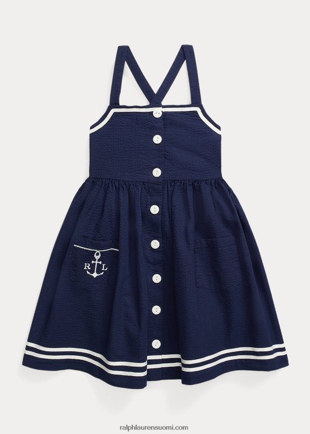 Ralph Lauren lapset ankkuripuuvillainen seersucker-mekko 0Z24ZR6859 hienostunut laivasto