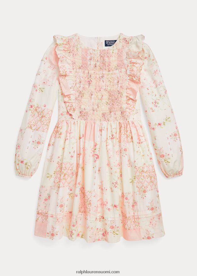 Ralph Lauren lapset kukka-smocked puuvillapopliinimekko 0Z24ZR7560 ystävänpäivä tilkkutäkki