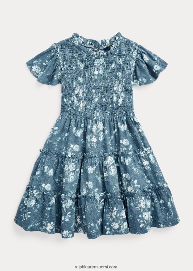 Ralph Lauren lapset kukkainen smokkipuuvillainen trikoomekko 0Z24ZR6812 kukka-