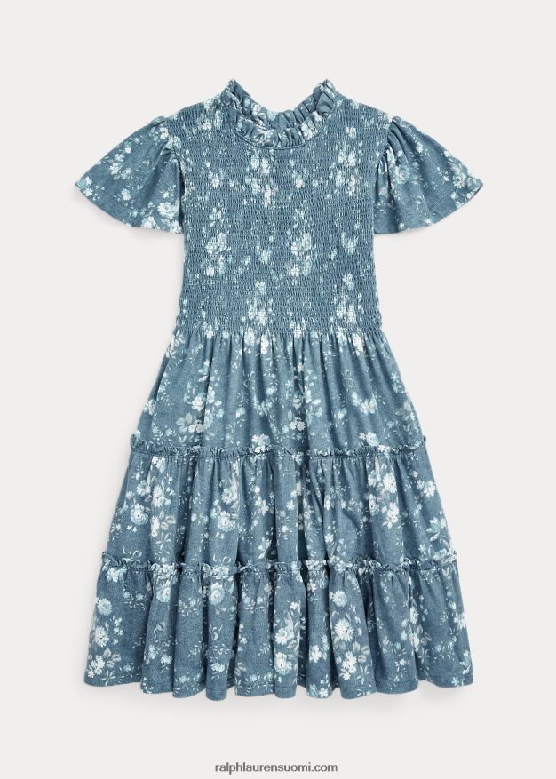 Ralph Lauren lapset kukkainen smokkipuuvillainen trikoomekko 0Z24ZR7061 kukka-