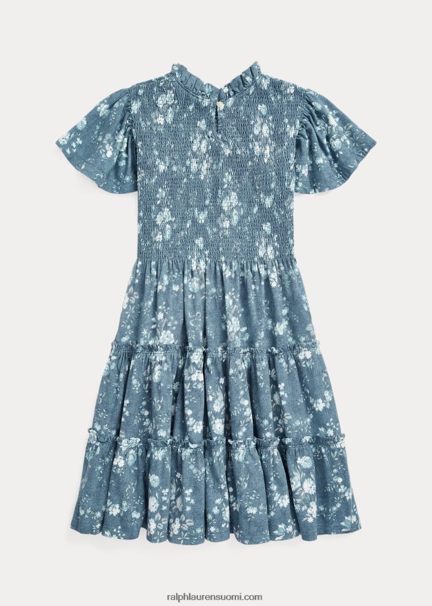 Ralph Lauren lapset kukkainen smokkipuuvillainen trikoomekko 0Z24ZR7061 kukka-