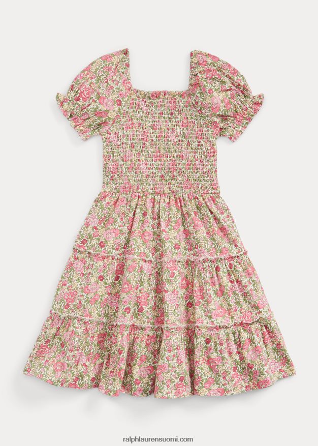 Ralph Lauren lapset kukkainen smokkipuuvillainen trikoomekko 0Z24ZR7371 esme kukkainen