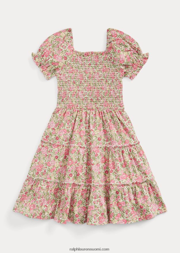 Ralph Lauren lapset kukkainen smokkipuuvillainen trikoomekko 0Z24ZR7371 esme kukkainen