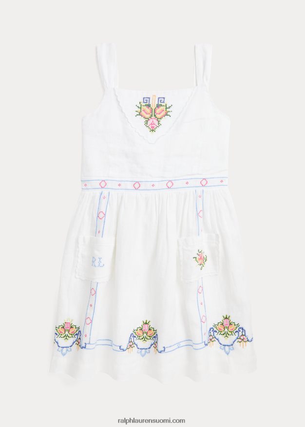 Ralph Lauren lapset kukkakirjailtu pellavamekko 0Z24ZR7154 valkoinen
