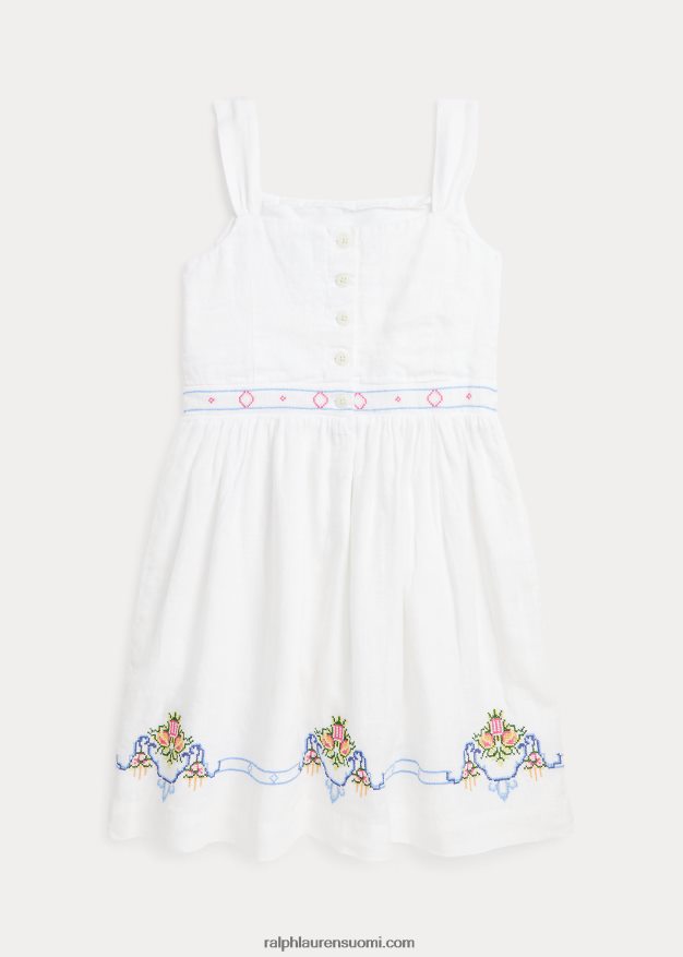 Ralph Lauren lapset kukkakirjailtu pellavamekko 0Z24ZR7154 valkoinen