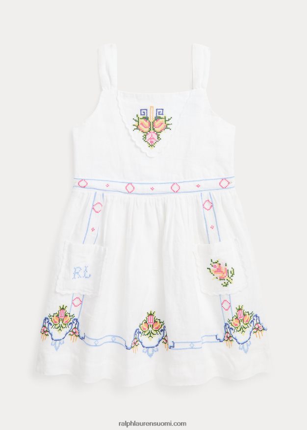 Ralph Lauren lapset kukkakirjailtu pellavamekko 0Z24ZR9968 valkoinen