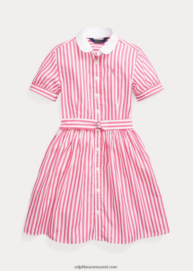 Ralph Lauren lapset vyöllinen raidallinen puuvillapopliinipaitamekko 0Z24ZR7097 aavikon pinkki/valkoinen