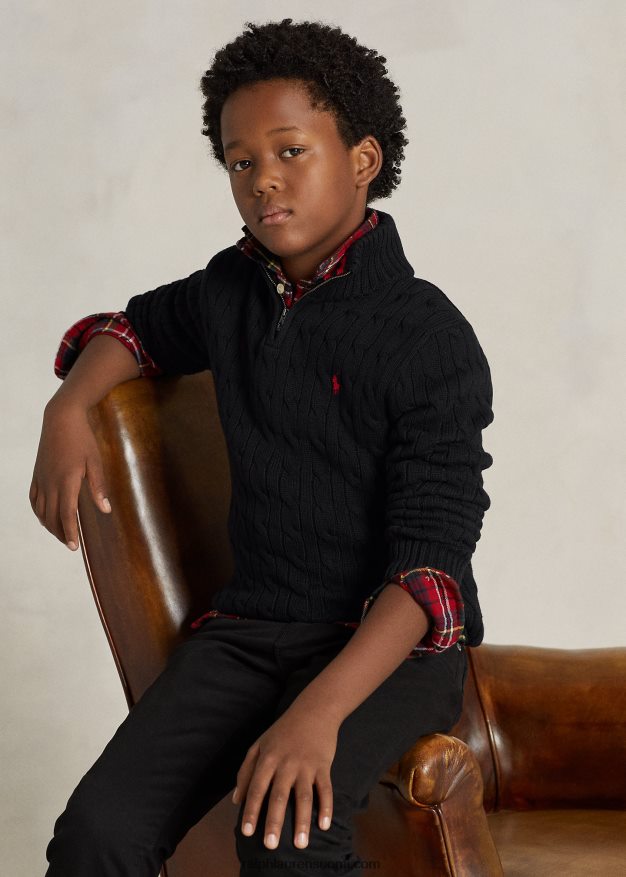 Ralph Lauren lapset kaapelineulottu puuvillainen neljännesvetoketjupusero 0Z24ZR6650 musta