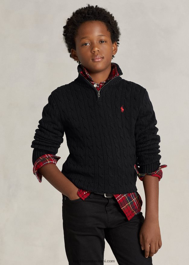 Ralph Lauren lapset kaapelineulottu puuvillainen neljännesvetoketjupusero 0Z24ZR6650 musta
