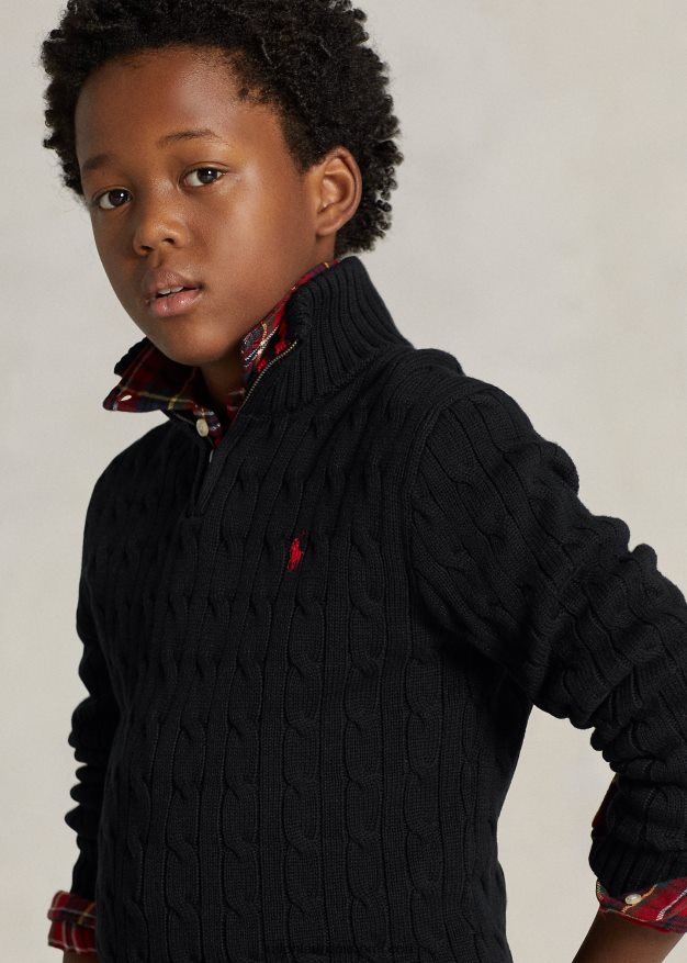 Ralph Lauren lapset kaapelineulottu puuvillainen neljännesvetoketjupusero 0Z24ZR6650 musta
