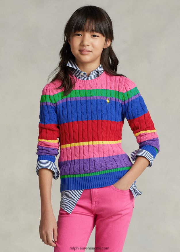 Ralph Lauren lapset raidallinen kaapelineulottu puuvillapusero 0Z24ZR6973 uusi iiris multi