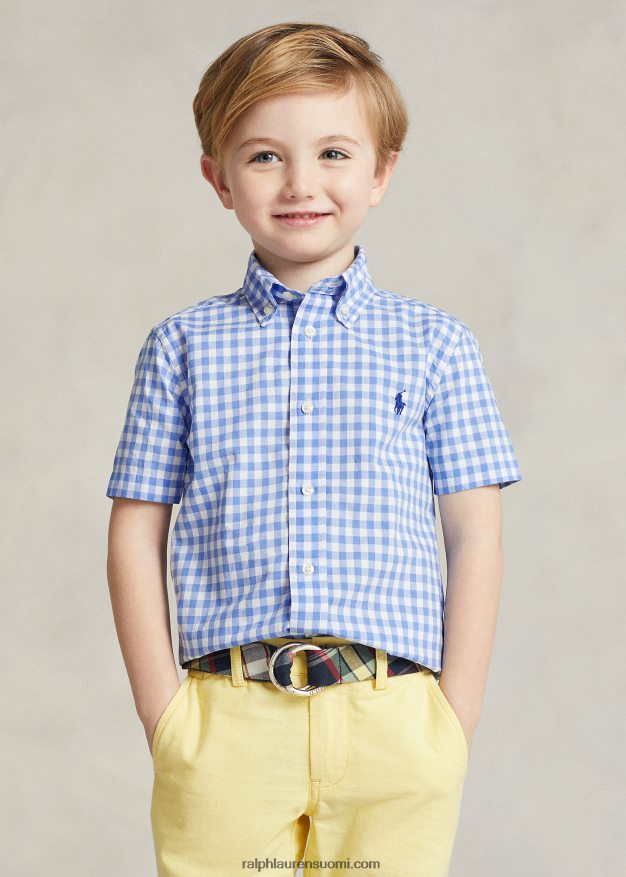 Ralph Lauren lapset gingham puuvilla popliini lyhythihainen paita 0Z24ZR6425 sinivalkoinen