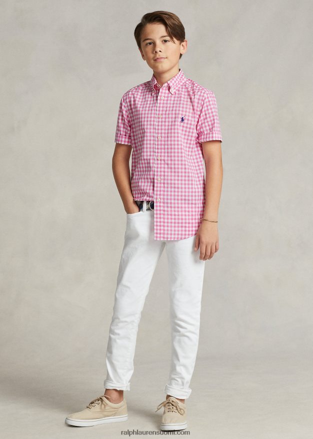 Ralph Lauren lapset gingham puuvilla popliini lyhythihainen paita 0Z24ZR6552 lomakeskus ruusu/valkoinen