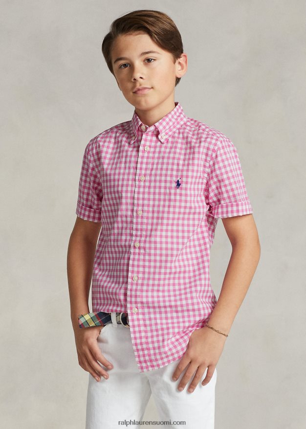 Ralph Lauren lapset gingham puuvilla popliini lyhythihainen paita 0Z24ZR6552 lomakeskus ruusu/valkoinen