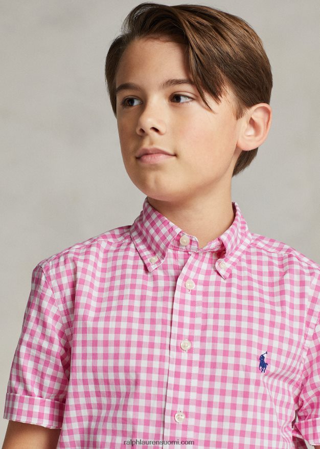 Ralph Lauren lapset gingham puuvilla popliini lyhythihainen paita 0Z24ZR6552 lomakeskus ruusu/valkoinen