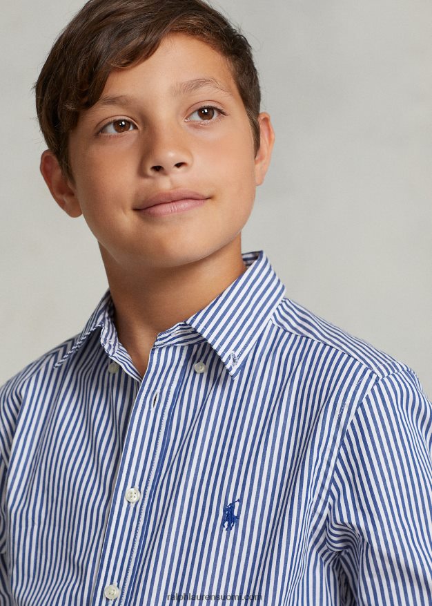 Ralph Lauren lapset raidallinen puuvillapopliinipaita 0Z24ZR6546 laivasto/valkoinen