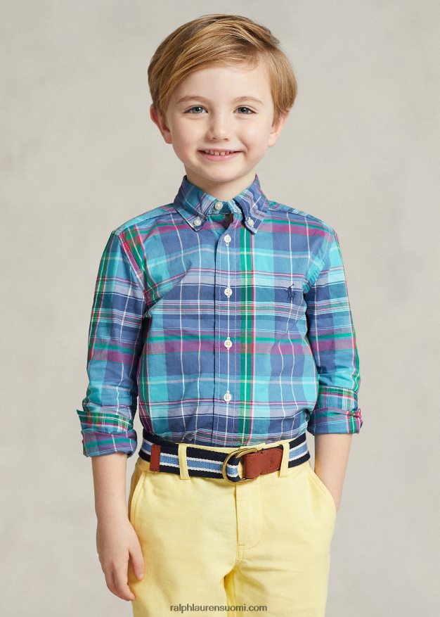 Ralph Lauren lapset ruudullinen puuvillapopliinipaita 0Z24ZR6429 turkoosi/tumman pinkki