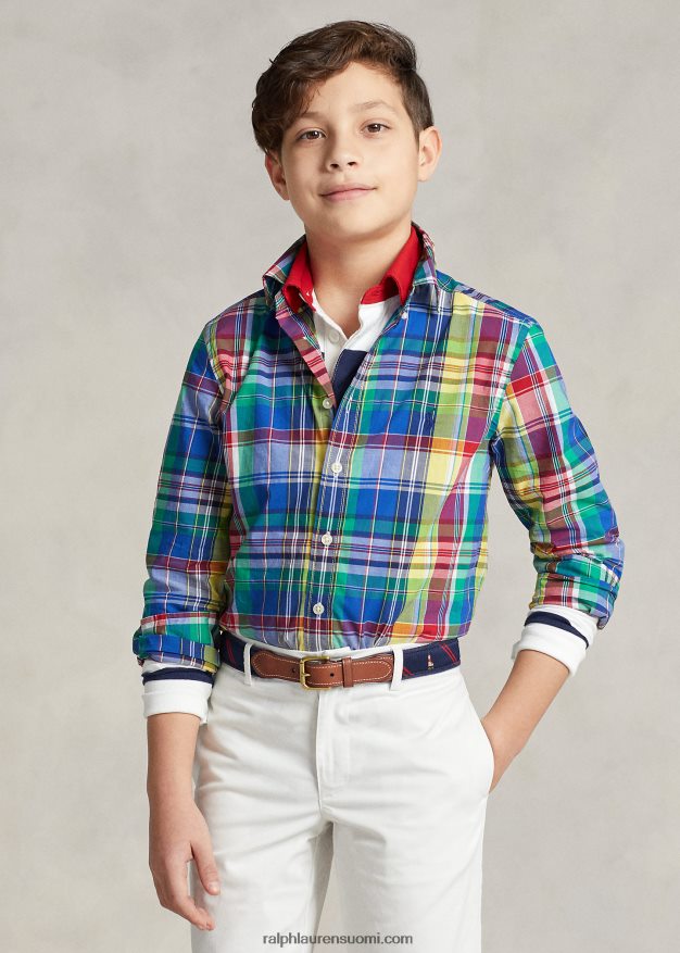 Ralph Lauren lapset ruudullinen puuvillapopliinipaita 0Z24ZR6554 Royal/ Navy Multi