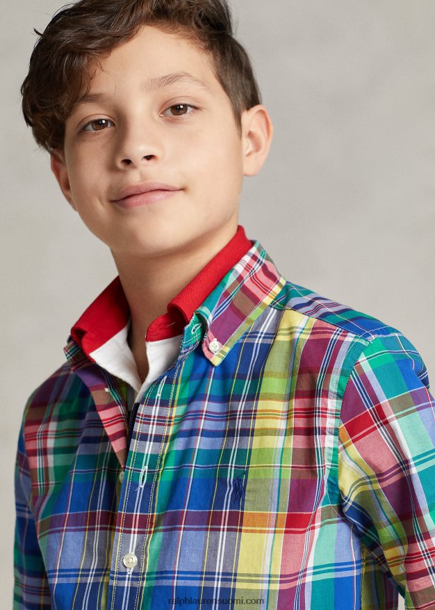 Ralph Lauren lapset ruudullinen puuvillapopliinipaita 0Z24ZR6554 Royal/ Navy Multi