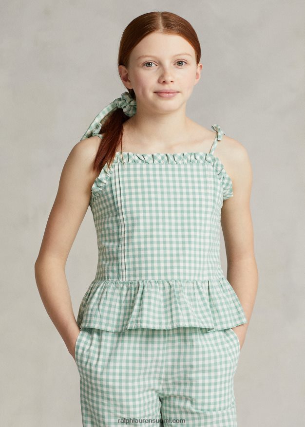 Ralph Lauren lapset gingham puuvilla madras peplum toppi 0Z24ZR6726 haalistunut minttu/kansipesuaine valkoinen
