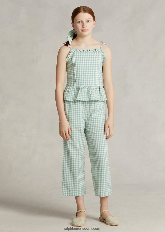 Ralph Lauren lapset gingham puuvilla madras peplum toppi 0Z24ZR6726 haalistunut minttu/kansipesuaine valkoinen
