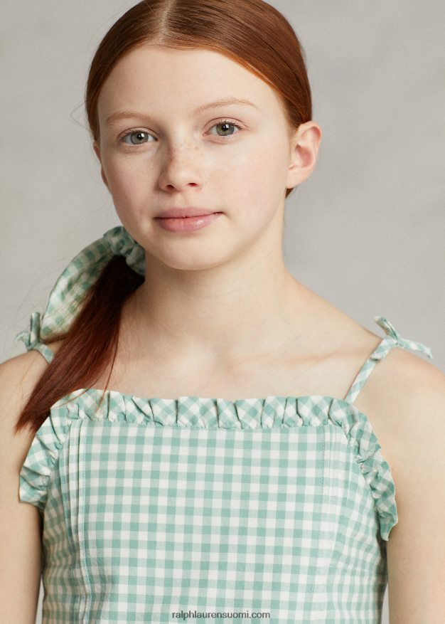 Ralph Lauren lapset gingham puuvilla madras peplum toppi 0Z24ZR6726 haalistunut minttu/kansipesuaine valkoinen