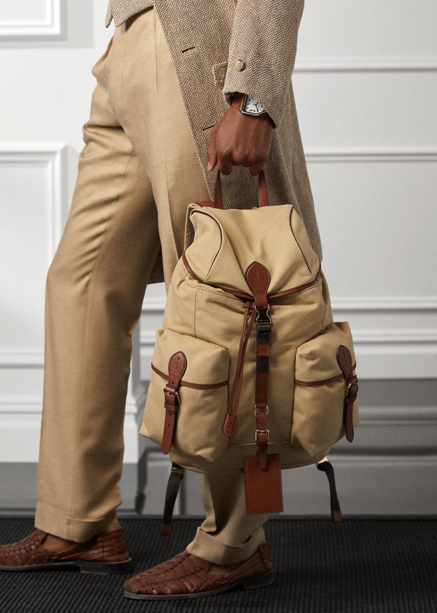 Ralph Lauren miehet nahkaverhoiltu kangasreppu 0Z24ZR8992 kreeta