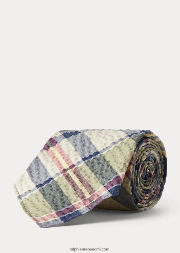 Ralph Lauren miehet käsintehty madrasprintti seersucker solmio 0Z24ZR8824 vihreä/kerma/multi