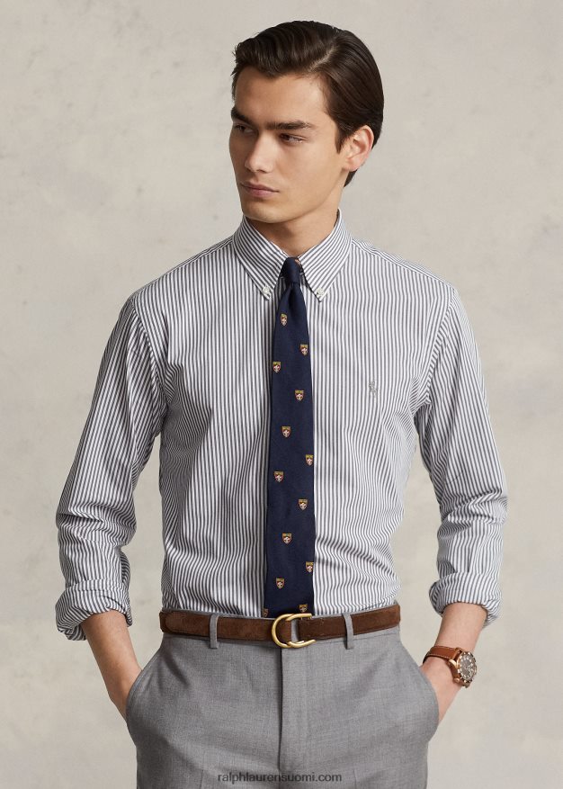 Ralph Lauren miehet klassinen istuvuus raidallinen joustava popliinipaita 0Z24ZR776 parvi harmaa/valkoinen