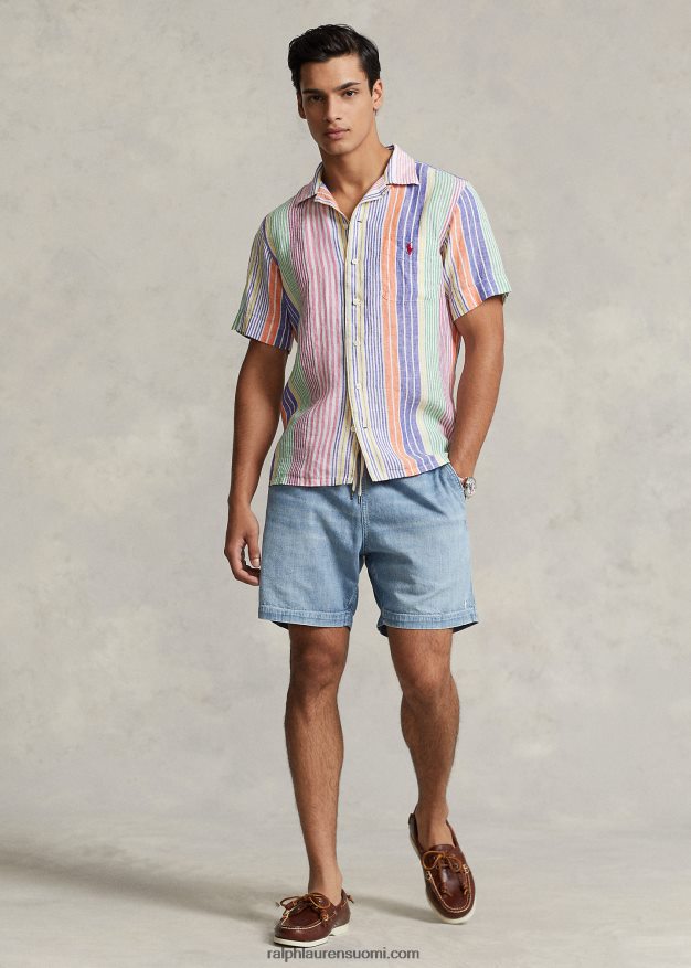 Ralph Lauren miehet klassinen istuvuus raidallinen pellava camp-paita 0Z24ZR1009 valkoinen/kuninkaallinen multi