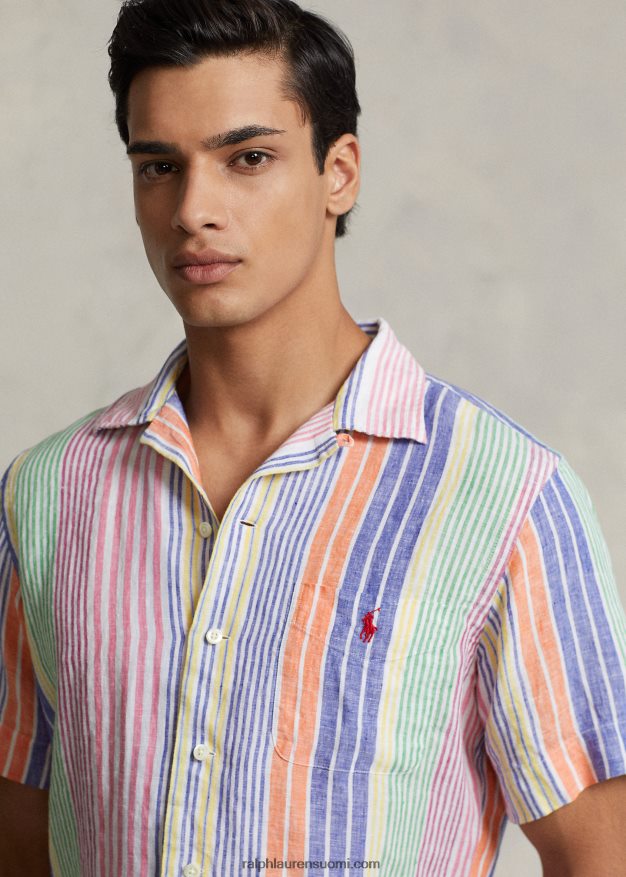 Ralph Lauren miehet klassinen istuvuus raidallinen pellava camp-paita 0Z24ZR1009 valkoinen/kuninkaallinen multi
