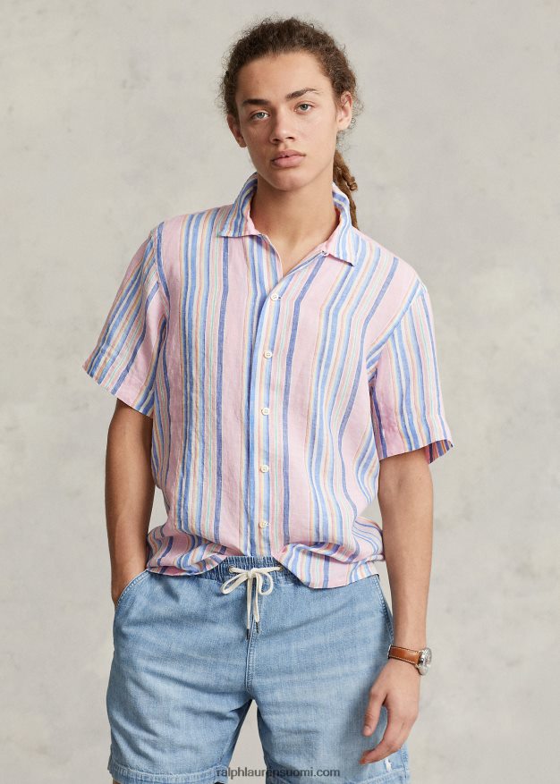 Ralph Lauren miehet klassinen istuvuus raidallinen pellava camp-paita 0Z24ZR1015 pinkki/laivasto multi