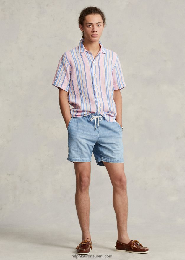 Ralph Lauren miehet klassinen istuvuus raidallinen pellava camp-paita 0Z24ZR1015 pinkki/laivasto multi