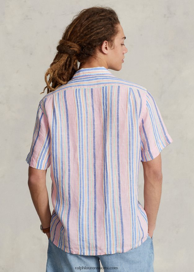 Ralph Lauren miehet klassinen istuvuus raidallinen pellava camp-paita 0Z24ZR1015 pinkki/laivasto multi