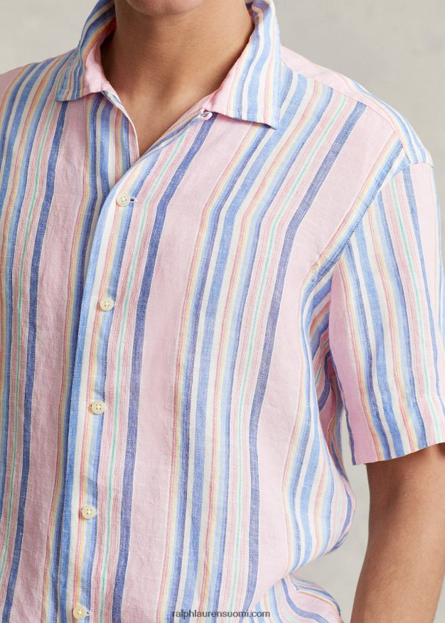 Ralph Lauren miehet klassinen istuvuus raidallinen pellava camp-paita 0Z24ZR1015 pinkki/laivasto multi