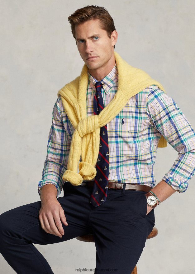 Ralph Lauren miehet klassinen ruudullinen joustava popliinipaita 0Z24ZR573 pinkki/vihreä multi
