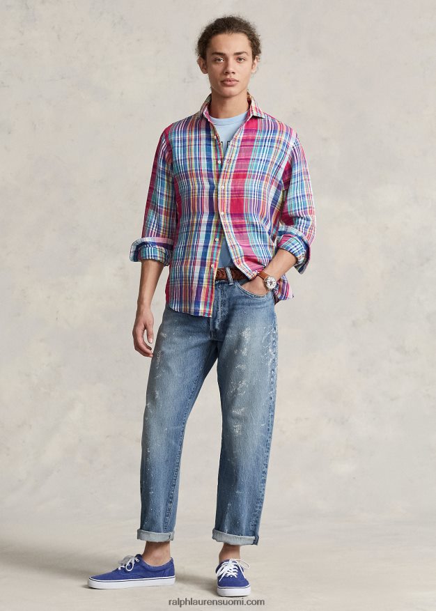 Ralph Lauren miehet klassinen ruudullinen pellava-puuvillapaita 0Z24ZR945 tumman pinkki/laivasto multi