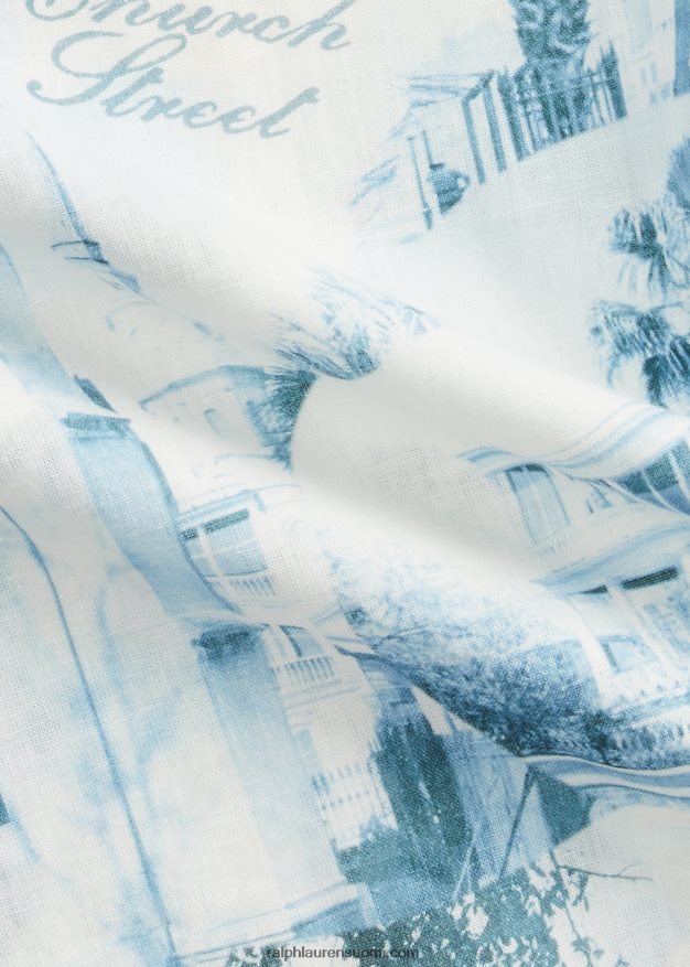 Ralph Lauren miehet postikorttikuvioinen pellava-puuvillainen leiripaita 0Z24ZR1762 kerma/sininen