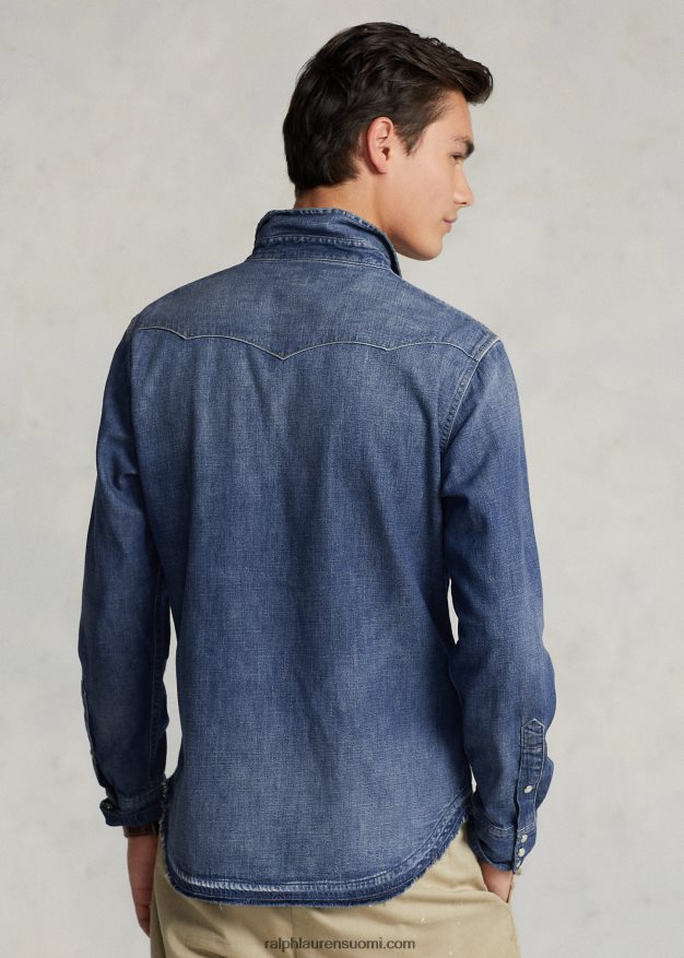 Ralph Lauren miehet rispaisuhelmainen länsimainen farkkupaita 0Z24ZR1205 laivasto