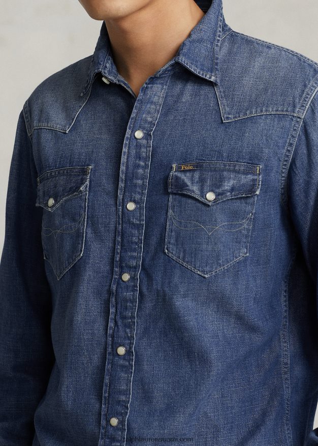 Ralph Lauren miehet rispaisuhelmainen länsimainen farkkupaita 0Z24ZR1205 laivasto