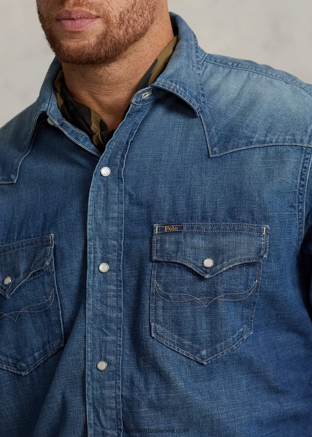 Ralph Lauren miehet rispaisuhelmainen länsimainen farkkupaita 0Z24ZR1479 hocking ldh