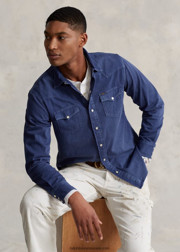 Ralph Lauren miehet vaatevärjätty länsimainen farkkupaita 0Z24ZR1119 vaalea laivasto