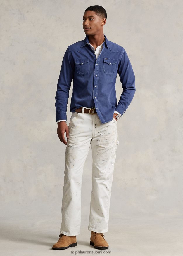 Ralph Lauren miehet vaatevärjätty länsimainen farkkupaita 0Z24ZR1119 vaalea laivasto