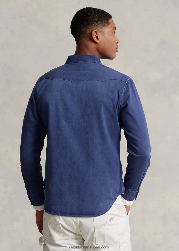 Ralph Lauren miehet vaatevärjätty länsimainen farkkupaita 0Z24ZR1119 vaalea laivasto