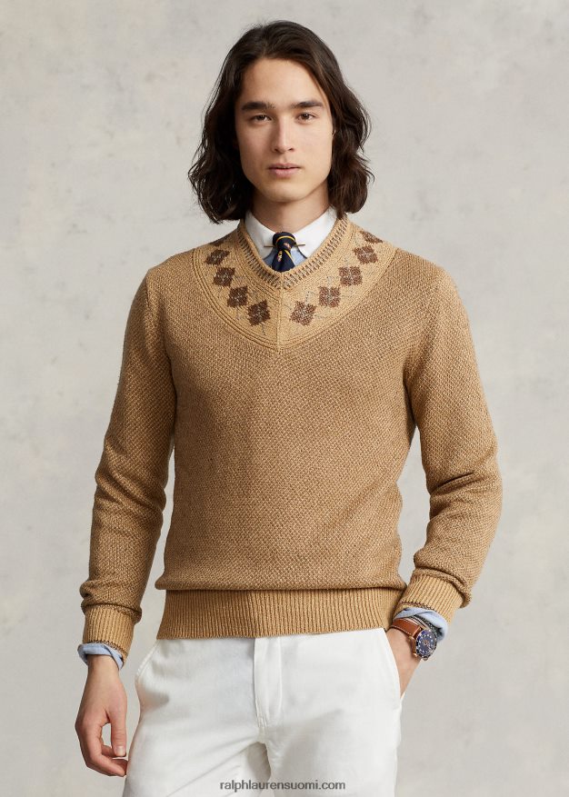 Ralph Lauren miehet argyle-reunus pellava-silkki krikettipusero 0Z24ZR8441 rusketus moni