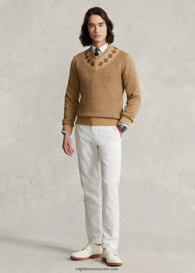 Ralph Lauren miehet argyle-reunus pellava-silkki krikettipusero 0Z24ZR8441 rusketus moni