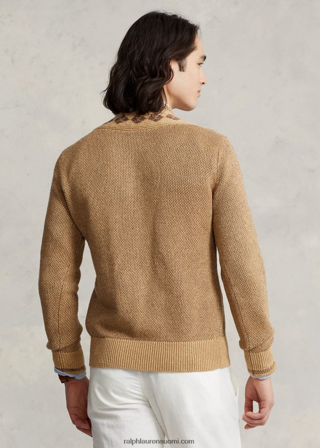 Ralph Lauren miehet argyle-reunus pellava-silkki krikettipusero 0Z24ZR8441 rusketus moni